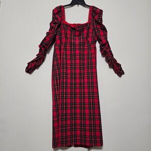 Antonio Melani Dress 16/XL Red Plaid Midi Ruched Sleeves Square Neck Sheath 1071
